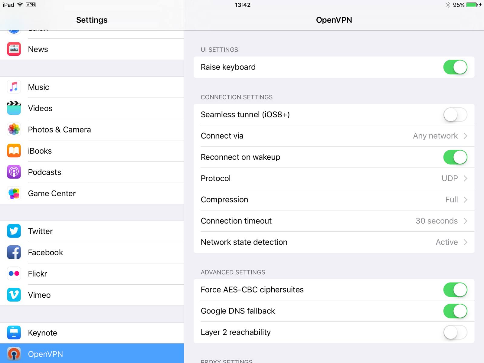 OpenVPN Connect settings.