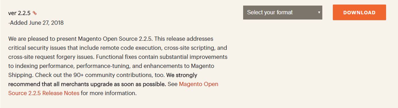 The Magento download screen